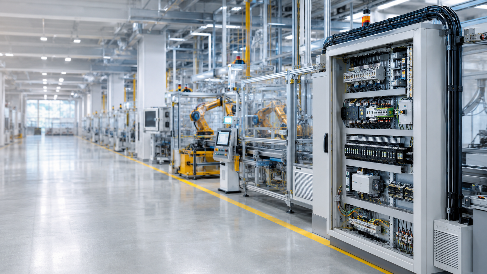 Industrial automation line with control cabinet and robotic arm