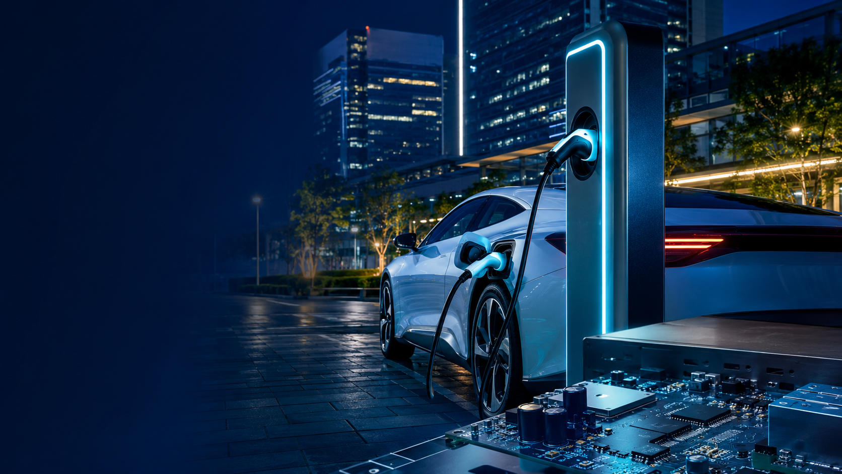Electric vehicle charging, representing power semiconductor and protection components in EV systems
