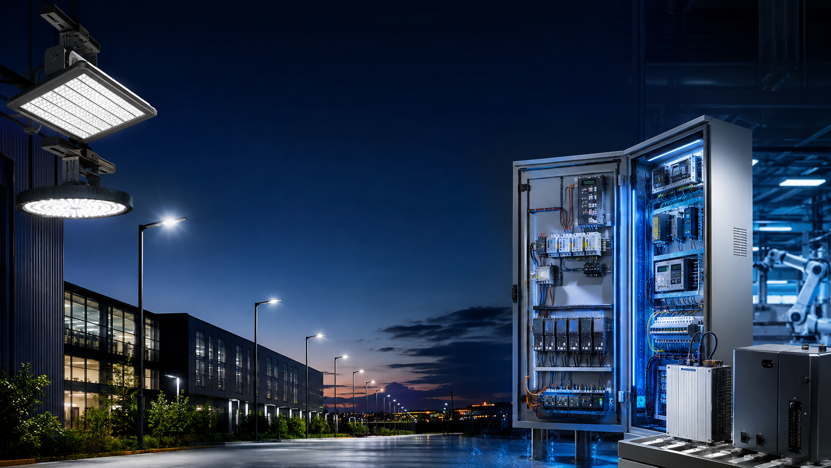 Industrial lighting, control cabinet and automation equipment representative of Digital Semiconductors' supplied components